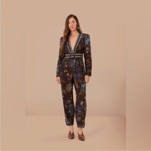 Farm Rio Brown Embroidered Garden Floral print V Neck Jumpsuit